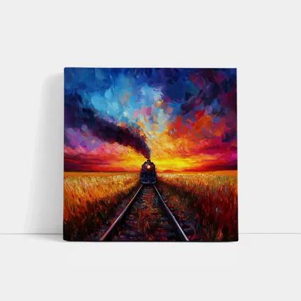 Steam Train Oil Painting Sunset Fields