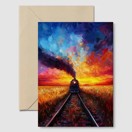 Steam Train Oil Painting Sunset Fields