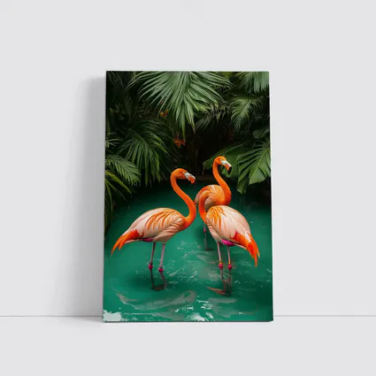 Two Flamingos Standing Tropical Green Water