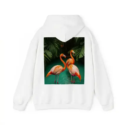 Two Flamingos Standing Tropical Green Water