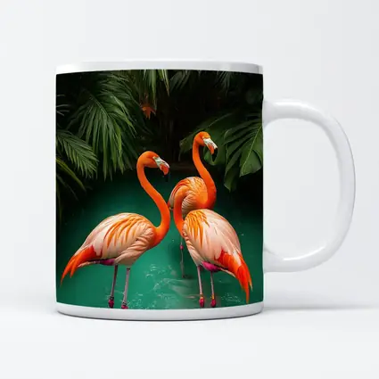 Two Flamingos Standing Tropical Green Water