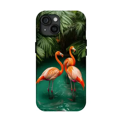 Two Flamingos Standing Tropical Green Water