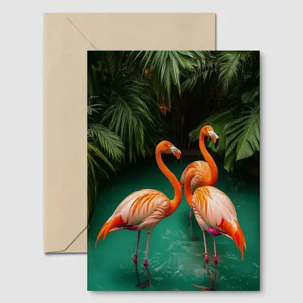 Two Flamingos Standing Tropical Green Water