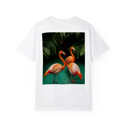Two Flamingos Standing Tropical Green Water