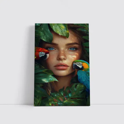 Woman With Parrots Surrounded By Tropical Leaves