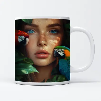 Woman With Parrots Surrounded By Tropical Leaves