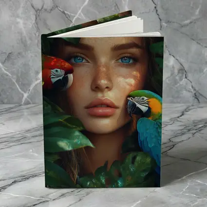 Woman With Parrots Surrounded By Tropical Leaves