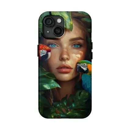 Woman With Parrots Surrounded By Tropical Leaves