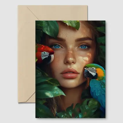 Woman With Parrots Surrounded By Tropical Leaves