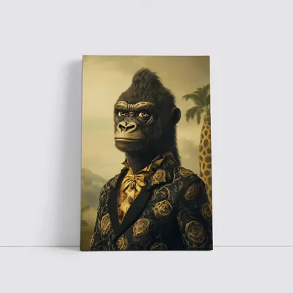 Gorilla Portrait Wearing Suit Tropical Background
