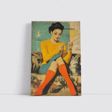 Retro Woman Knitting With Cat Pop Art