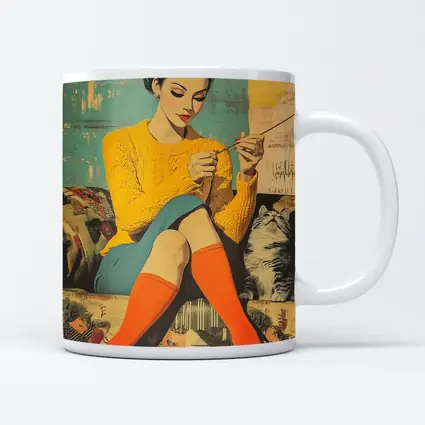 Retro Woman Knitting With Cat Pop Art