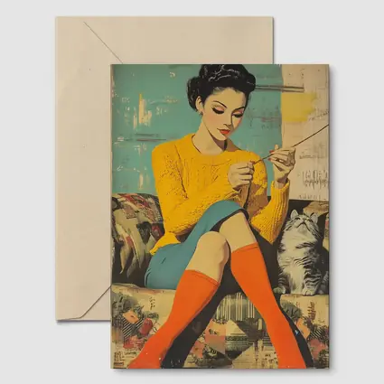 Retro Woman Knitting With Cat Pop Art