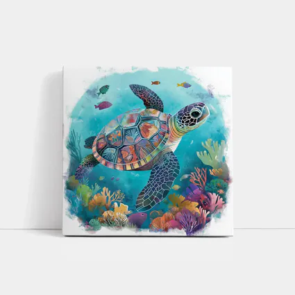 Sea Turtle Swimming Colorful Coral Reef Illustration