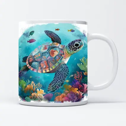 Sea Turtle Swimming Colorful Coral Reef Illustration