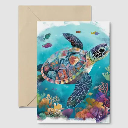Sea Turtle Swimming Colorful Coral Reef Illustration