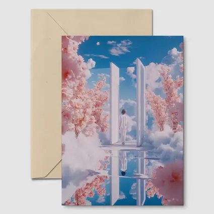 Person Walking Through Door Cherry Blossoms Sky