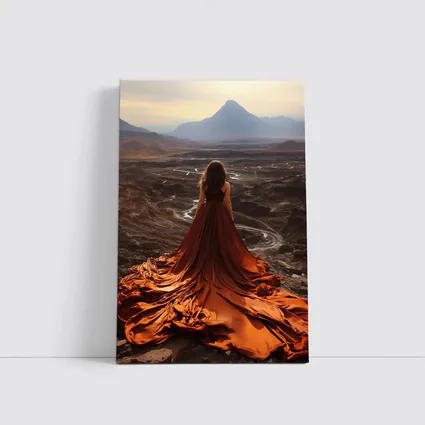 Woman Orange Dress Desert Mountain Landscape