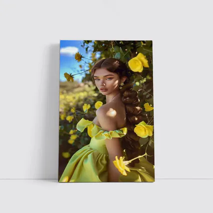 Woman Yellow Roses Garden Off Shoulder Gown