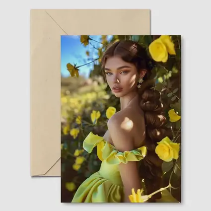 Woman Yellow Roses Garden Off Shoulder Gown