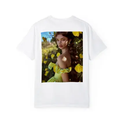 Woman Yellow Roses Garden Off Shoulder Gown