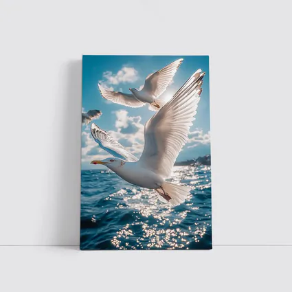 Seagulls Flying Over Sparkling Blue Ocean