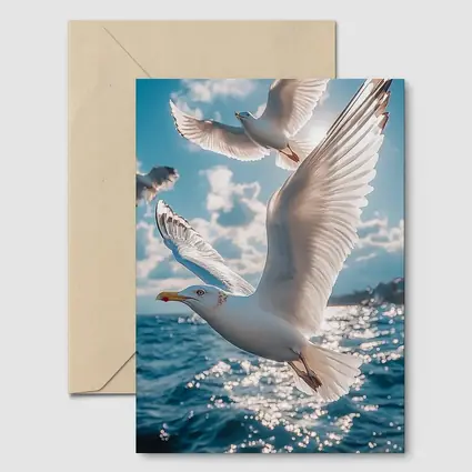 Seagulls Flying Over Sparkling Blue Ocean