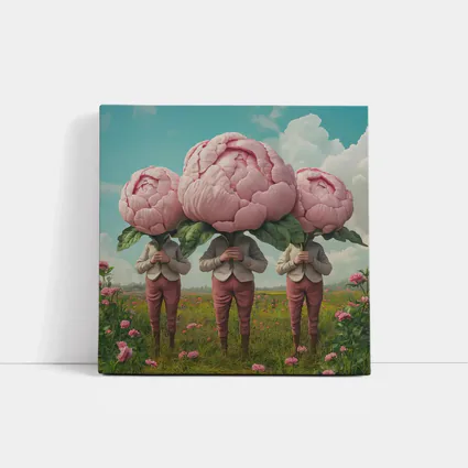 Peony Head Figures Standing in Flower Field