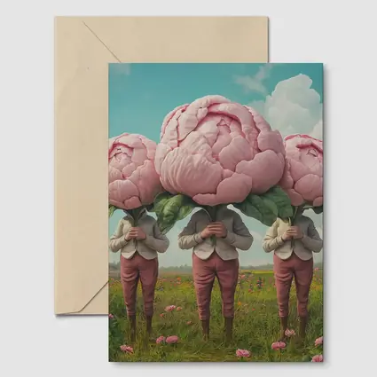 Peony Head Figures Standing in Flower Field