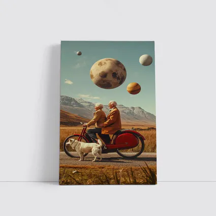 Elderly Couple Riding Bicycle Surreal Planet Sky