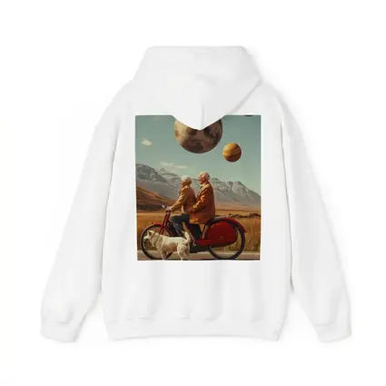 Elderly Couple Riding Bicycle Surreal Planet Sky