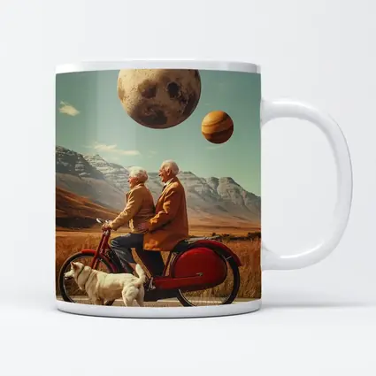 Elderly Couple Riding Bicycle Surreal Planet Sky