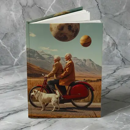 Elderly Couple Riding Bicycle Surreal Planet Sky