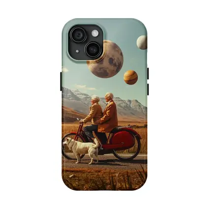 Elderly Couple Riding Bicycle Surreal Planet Sky