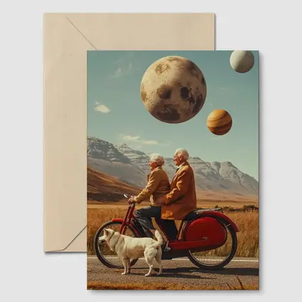 Elderly Couple Riding Bicycle Surreal Planet Sky
