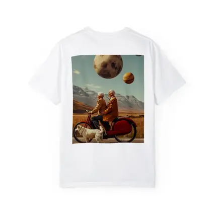 Elderly Couple Riding Bicycle Surreal Planet Sky