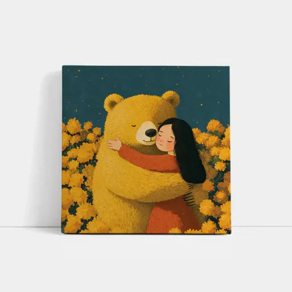 Girl Hugging Bear Yellow Flowers Field