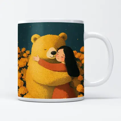 Girl Hugging Bear Yellow Flowers Field