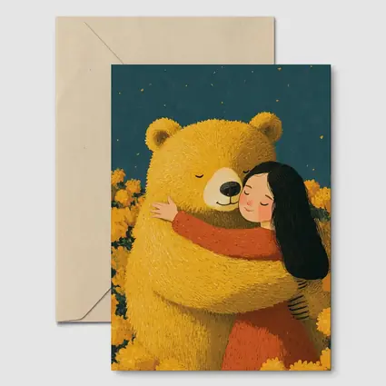 Girl Hugging Bear Yellow Flowers Field