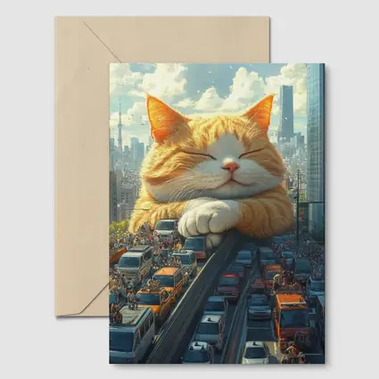 Giant Orange Cat Sleeping Over City Traffic