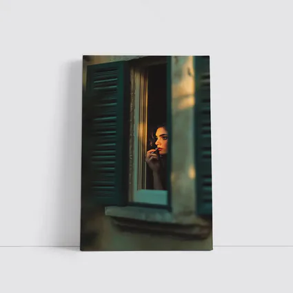 Woman Applying Lipstick By Teal Window