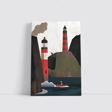Red Lighthouse Cliffs Boat Illustration Art