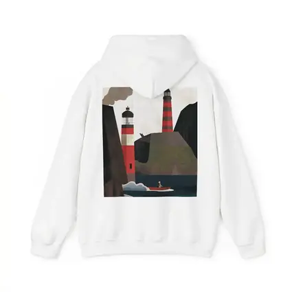 Red Lighthouse Cliffs Boat Illustration Art