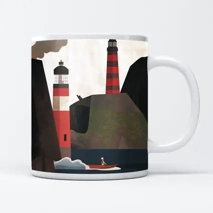 Red Lighthouse Cliffs Boat Illustration Art
