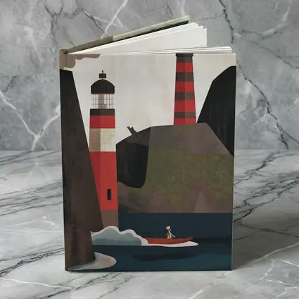 Red Lighthouse Cliffs Boat Illustration Art