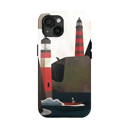 Red Lighthouse Cliffs Boat Illustration Art