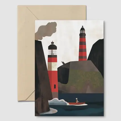 Red Lighthouse Cliffs Boat Illustration Art