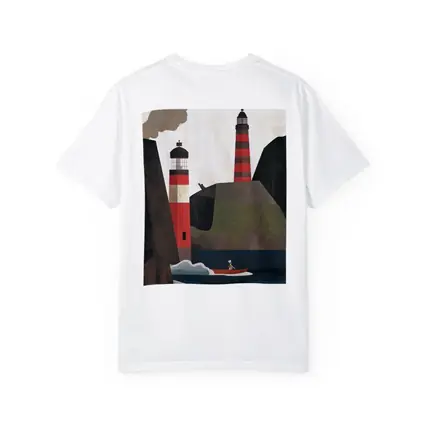 Red Lighthouse Cliffs Boat Illustration Art
