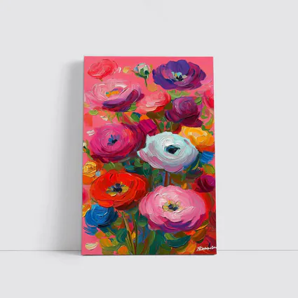 Bold Ranunculus Bouquet Oil Paint Pink Background