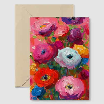 Bold Ranunculus Bouquet Oil Paint Pink Background